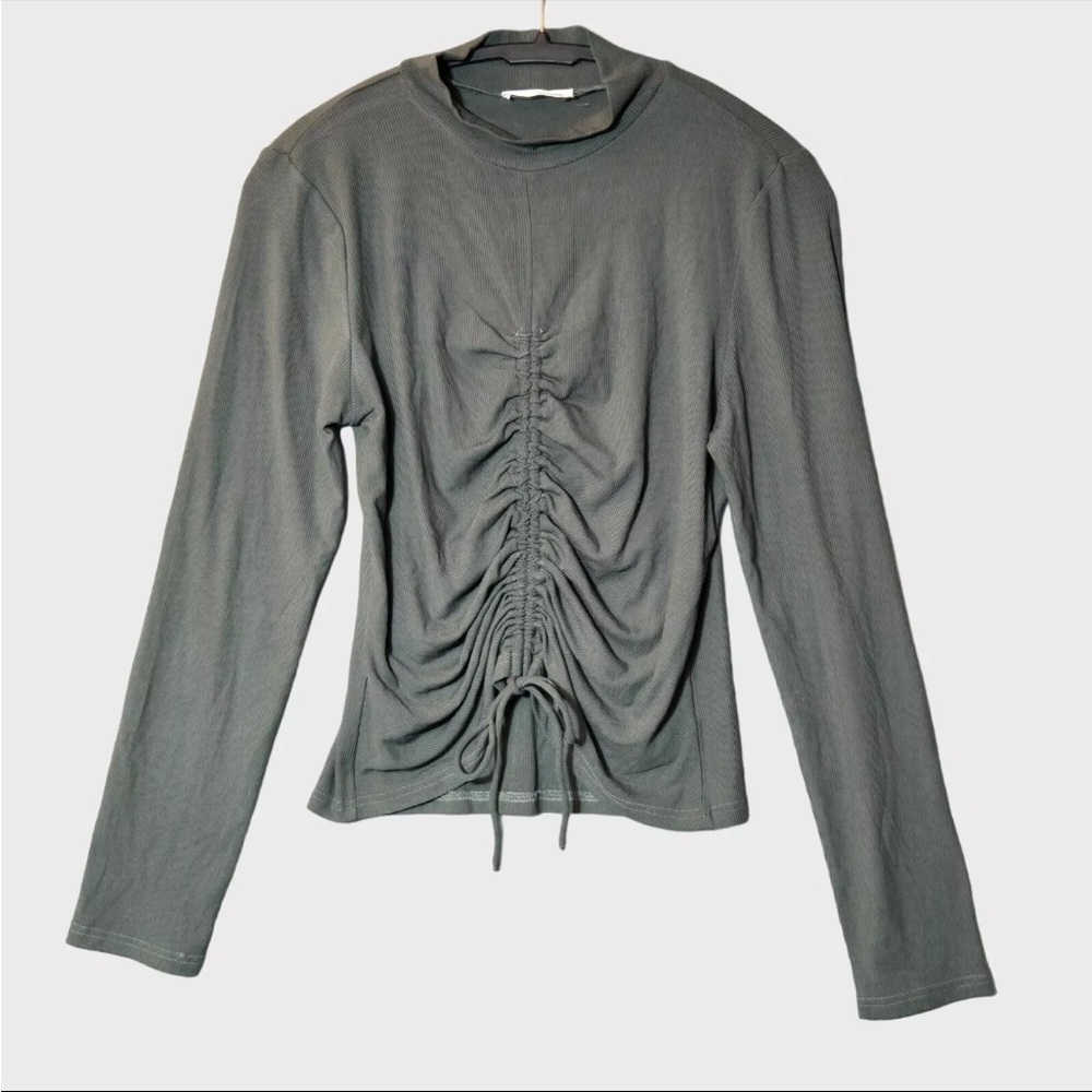 Heatherly Ribbed Ruched Front Tie Detail Long Sleeve Stretch Top Green Size L